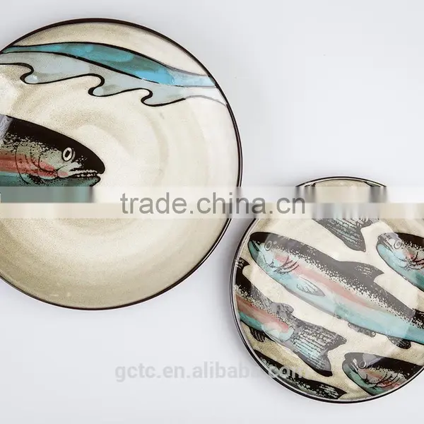 16-piece Reactive Glaze Stoneware Dinnerware Set With American Sea World Hand Printing photo-3
