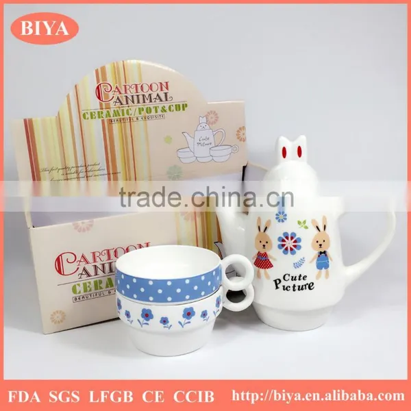 Turkish Tea Pot Gift Color Box Packing Customized Cute Rabbit Ceramic Porcelain Tea Pot & Kettle for Two Cup