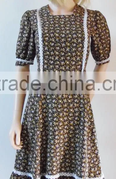 Summer French Petite Midi 70s Brown Vintage Women Casual One Piece Dress in Floral Print photo-3