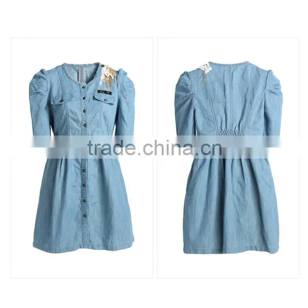 2015 Fashion High Quality Latest Designs Woman Half Sleeve Denim Halter Dress /denim and Lace Dress /prom Dress photo-2
