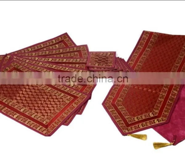 Silk Placemats and Coaster in Red Color Indian Silk Table Runner