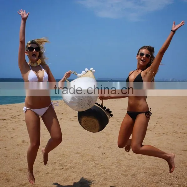 Tiny Black and White Pompom Chain Beach Bag, Pompom Belly Seagrass Basket photo-5