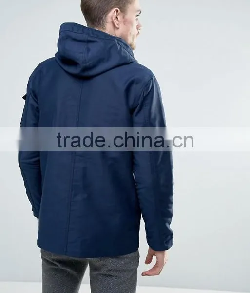 2017 Best Price Durable Press-Stud Fastening Drawstring Hood 100% Cotton Twill Navy Casual Men Winter Jacket photo-2