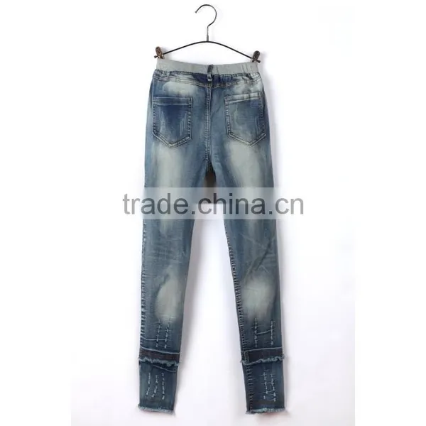 Cheap New Style Fray Hem Comfortable Light Blue Lace Stitched Slim Fit New Design Jeans for Girls photo-2