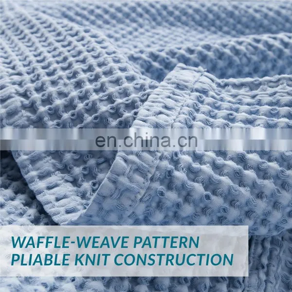 Premium Blue Washable Thick Breathable Cotton Sand Wash Waffle Blanket photo-6