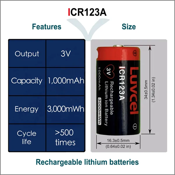 USB-C 3V ICR123A(18350/16340) Rechargeable Lithium Batteries for Flashlight Camera Film Camera Motion Sensor Electronic Lock photo-2