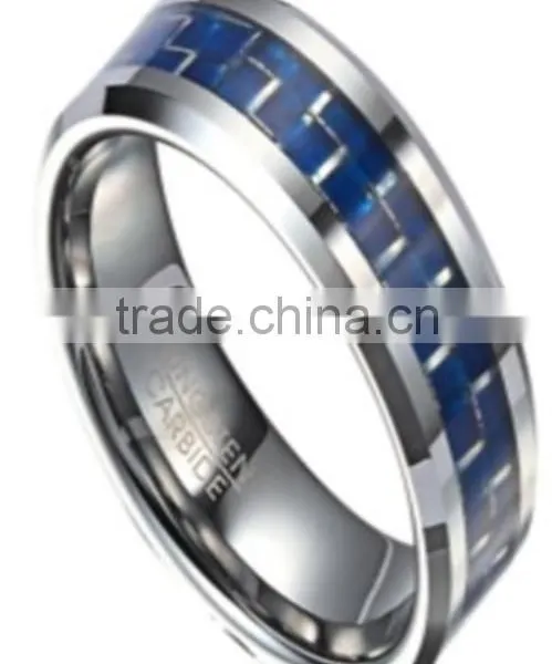Mens Tungsten Wedding Ring With Blue Carbon Fiber, Comfort Fit Inside