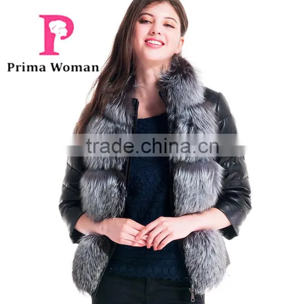 2015 Winter Fashion Leather Short Women Jacket With Silver Fox Collar Detachable Cuffs Overcoat photo-3