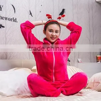 Pink Colored Flannel Zipper Style Pajama for Woman