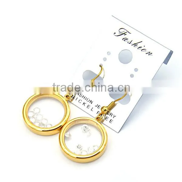Womens Fashion Round Earrings Stainless Steel 18k Gold Plated Glass Earrings photo-5