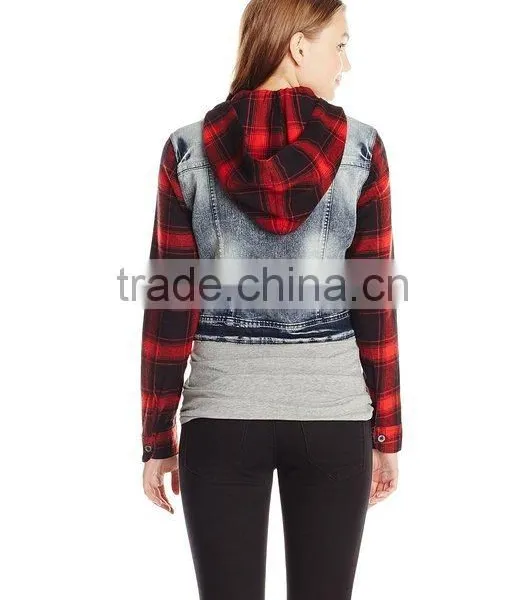 RECHEEL Ladies Junior's Denim Jacket With Plaid Sleeves photo-2