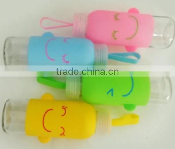X008 Portable 300ML Glass Bottle Student Bottle With Silicone Sleeve Smile Water Sport Bottle photo-2