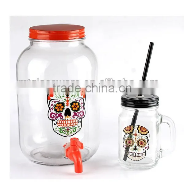 3L Happy Halloween Skull Glass Beverage Dispenser and Mason Jar photo-3