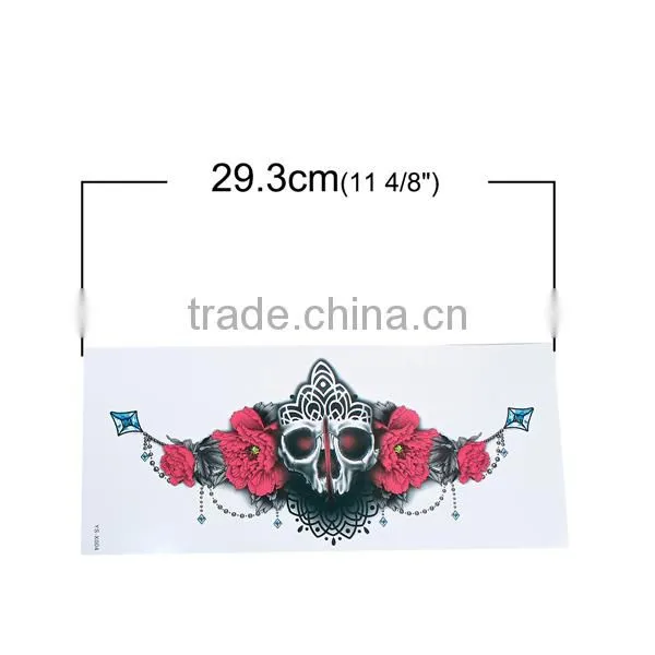 Paper Removable Waterproof Temporary Sternum Tattoo Sticker Body Art Red Rose Flower Pattern Skeleton Skull Temporary Tattoo photo-2