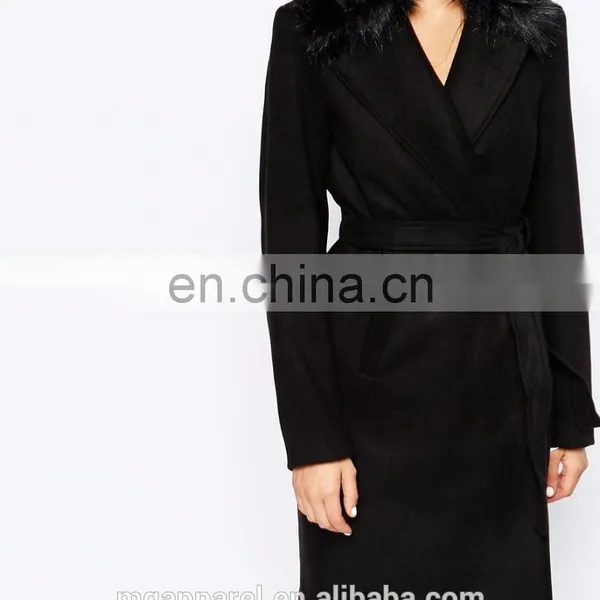 New Style Women Coat Model Tie Belt Women's Long Winter Coat With Faux Fur Collar photo-4