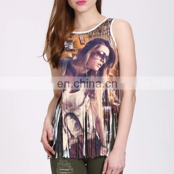 Newest Fashion Sleeveless Shirt With Tassels Sexy Printed Tank Top photo-3