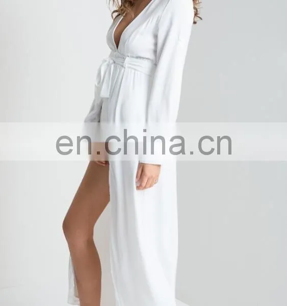 White Long Sleeve Plunge Adult Romper Pattern Summer Maxi Playsuit photo-4