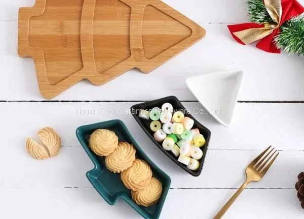 Colorful Christmas Tree Shape Plate Ceramic Plate With Bamboo Tray for Fruit and Candy photo-2