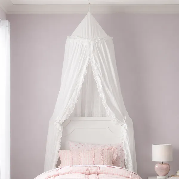 Kinderbett-Canopy mit Spitzen, Pastellfarben im Neutralton für Jungen und Mädchen, gefrilltes Baumwoll-Zelt für das Kinderzimmer, Babybett-Hängeschirm, Moskitonetz