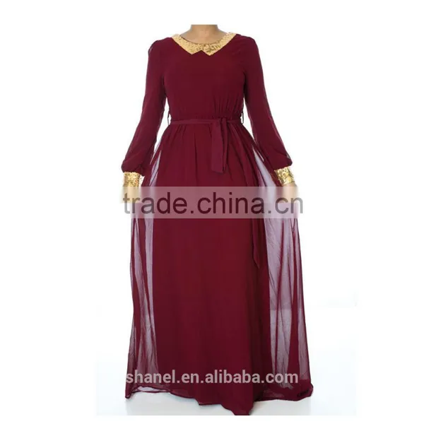 Muslim Gold Sequins Chiffon Abaya Dress Loose Long Sleeve Dubai Islamic Kaftan photo-2