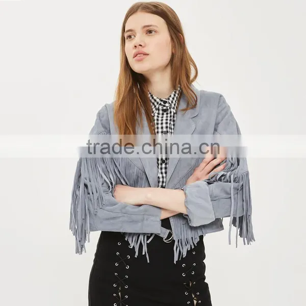 Lapel Collar Fringed Short Coat Womens Faux Suede Tassel Bomber Jacket photo-3