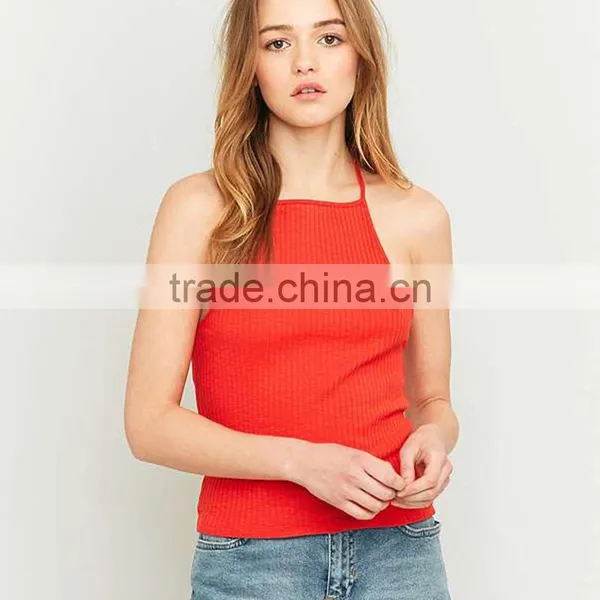 2017 Women's Best Black Ribbed Sleeveless Halter T-back High Neck Cami Tops photo-4