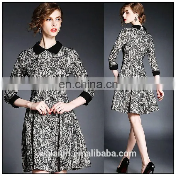 High Quality Black Collar Lace Dress Tee Length Long Sleeve Dress OEM