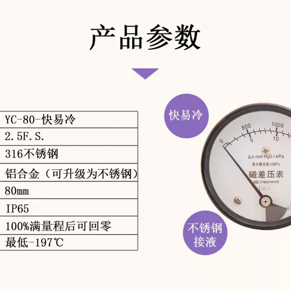 Diaphragm Type 15Kpa Differential Magnetic Differential Pressure Gauge photo-4