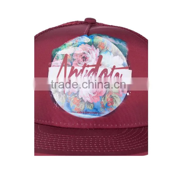 Wholesale Plain Burgundy Printing Floral Pattern Flat Bill Mesh Hat Custom Snapback Trucker Cap photo-4