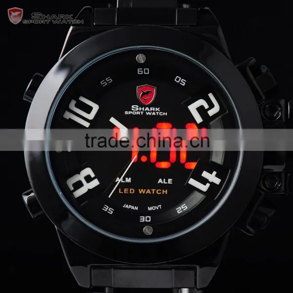 Shark LED Analog Digital Day Date Black Steel Mens Sports Quatrz Wrist Watch photo-4