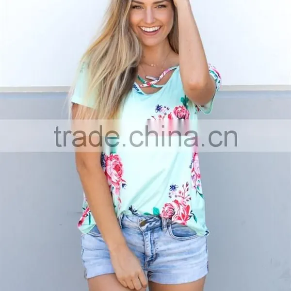 Customize t Shirt Cheap Criss Cross Fancy Floral Tunic Tops photo-3