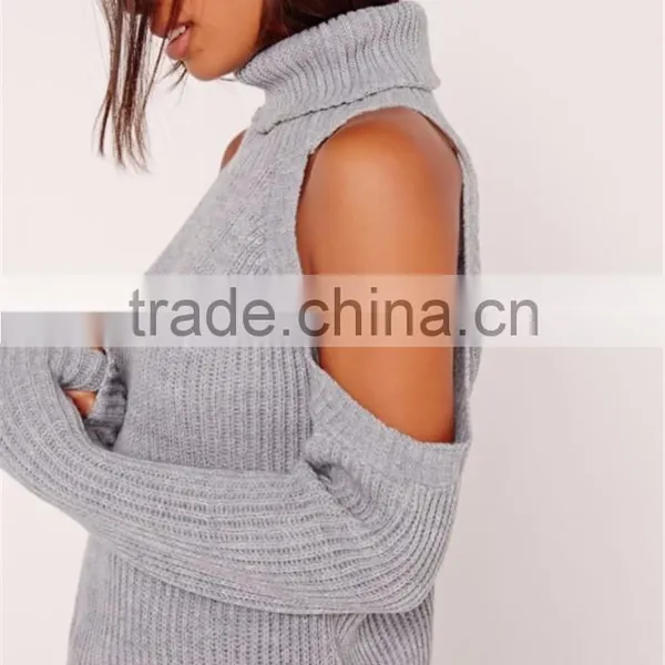 MGOO Custom Design Women Plain Knitwear Oversized Longline Ladies Sweater Chunky Cold Shoulder Jumper Grey photo-6