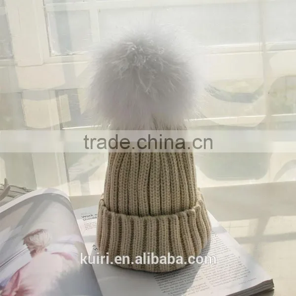 2016 Winter Beanie Real Silver Fox Fur Ball Knitting Hat For Women Black Real Raccoon Fur Ball Skullies photo-2