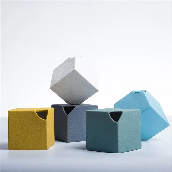 Modern Abstract Jingdezhen Cube Frosted Yellow Blue Green White Ceramic Vase Decoration photo-2