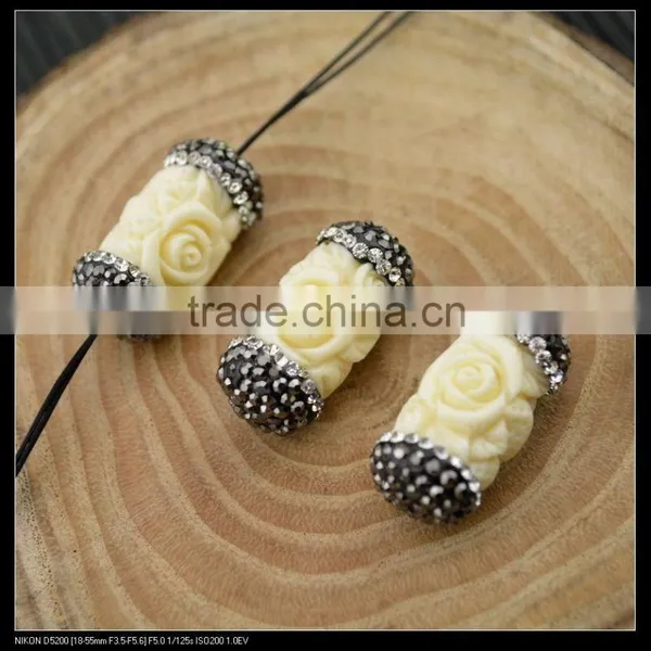LFD-0043B Wholesale Shell Beads Engraved Flowers White Round Tube Connector Paved Crystal Rhinestone Spacer Beads Jewelry photo-2