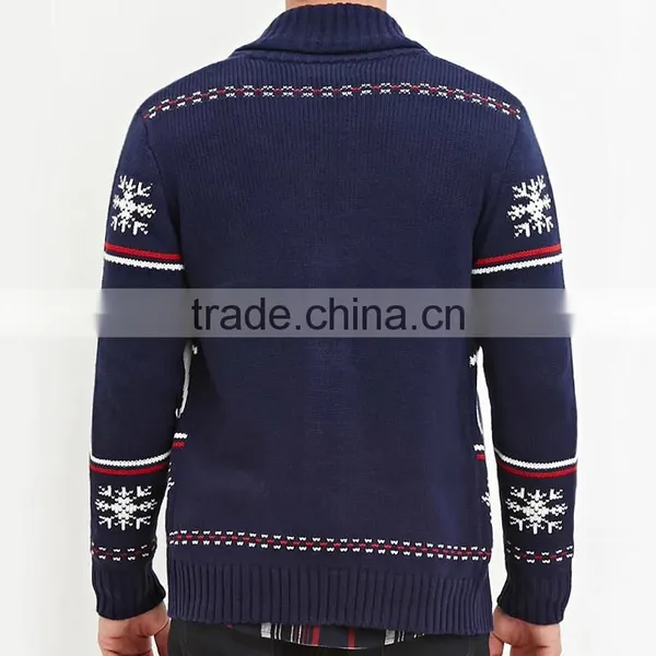 Navy Shawl Collar Long Sleeve Snow and Deer Patterns Cardigan Ugly Christmas Sweater photo-2