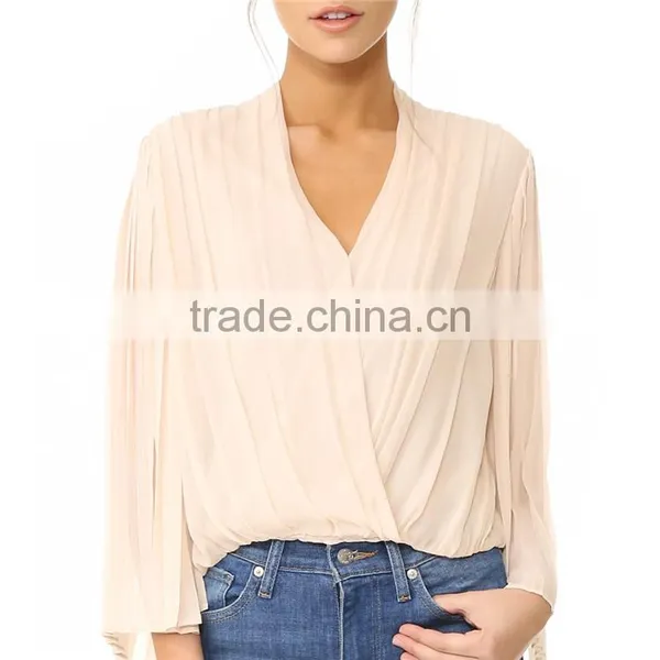 2017 OEM Long Bell Sleeves Surplice Neckline Deep Pleated Blouse photo-2