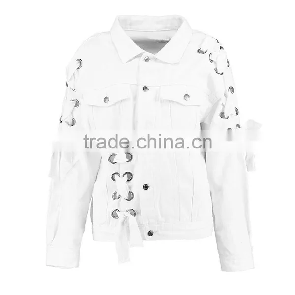 Lace up Eyelet White Denim Jacket New Fashion Wholesale Women Street Wear photo-4