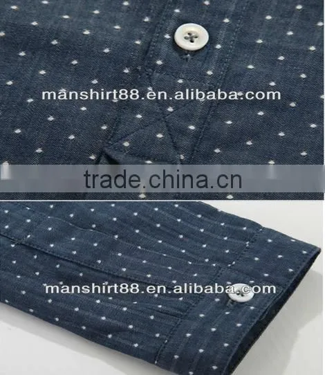 Latest Blue 100% Cotton Cowboy/jeanet Long Sleeve Casual Shirts for Men With Dots and Spread Collar photo-5