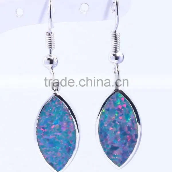 Lady Synthetic Blue Opal Inlay Leaf Dangle Earrings 925 Sterling Silver Leaf Hook Earring photo-5