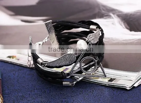 New Fashion Owl Deathly Hallows Angel Wing Leather Bracelet DIY photo-4