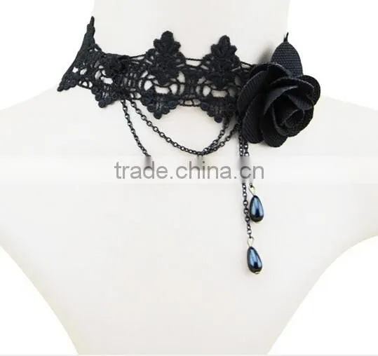 Women 2016 Gothic Handmade Chain Black Flower Lace Choker Collar Chunky Necklace photo-3