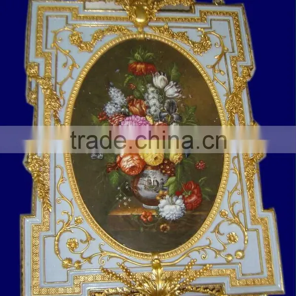 Antique Wood Carved Framed Mural, Oil Painting Ceramic Flower Framed Mural photo-4