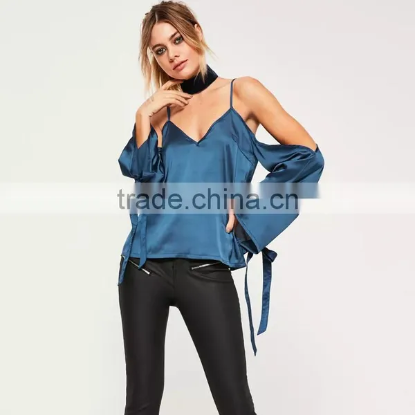 Stylish Sweet Girl Blouses Cold Shoulder Long Sleeve Satin Tops photo-3