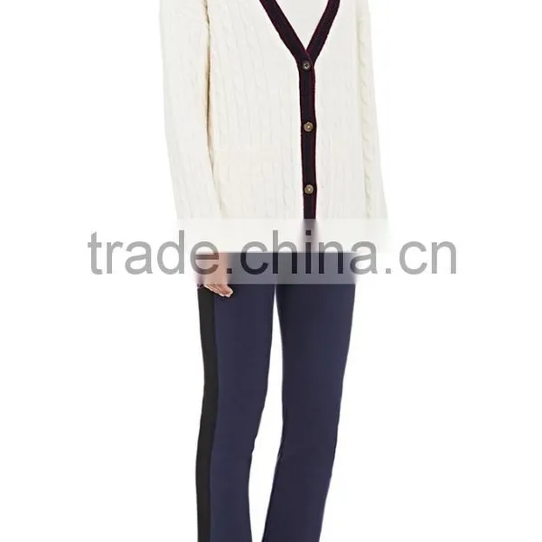 Wholesale Pure White V-Neck Rib-Knit Cashmere Women Sweater With Buttons Fastening and Slant Pockets photo-3