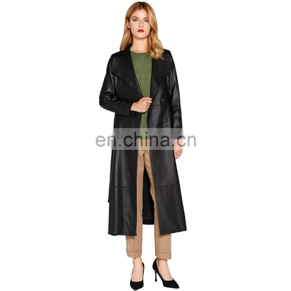 Women Long Body Lambskin Black Full Body Trench Leather Coat photo-2