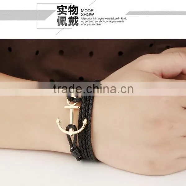 Multilayer Handmade Woven Leather Bracelet Stainless Steel Gold Boat Anchor Alloy Charms Man Anchor Bracelets photo-2