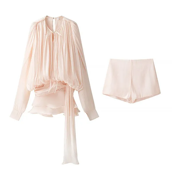 Chic Lantern-sheer Fabric Dress for Women, New Spring Style, Short Skirt, Cinched Waist, Irregular Lotus Leaf Hem, With Tie. photo-5
