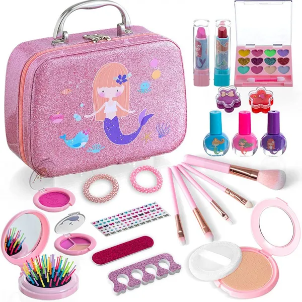 Kids Makeup Kit Lip Gloss Water Based Nail Polish Nail Sticker Cosmetic Case OEM Popular Girl Kids Makeup Set