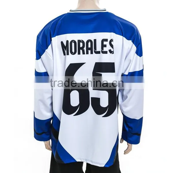 White Color Contrast Blue Color Sewing Polyester Hockey Shirts photo-3